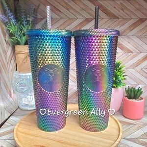 Starbucks PVD Metallic Oil Slick Rainbow Bling Tumbler Set US & China Rare 💙💜